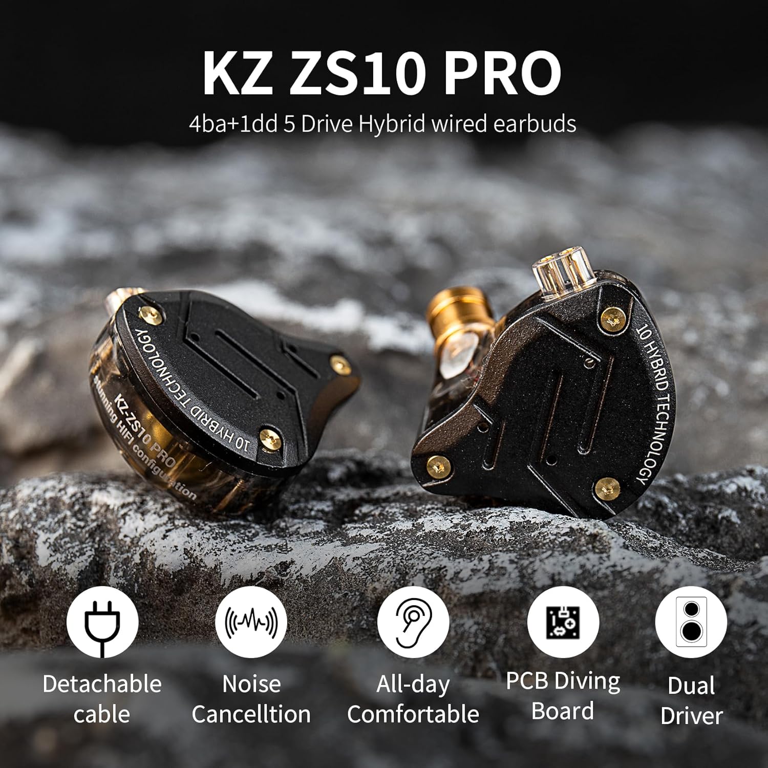 ZS10 Pro – Black In-Ear Monitors with 5-Driver Harmony & Detachable Cable for Pure Listening Flow