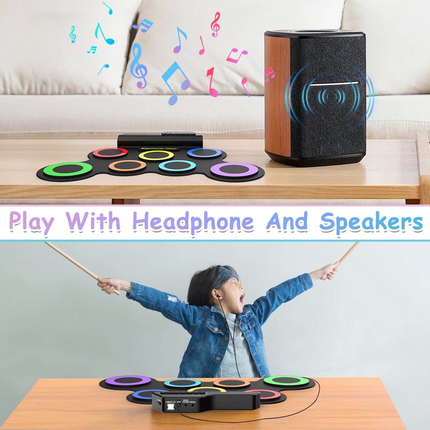 Portable Bluetooth Drum Kit – 7-Pad Roll-Up Set with Rainbow Lights, Perfect Holiday Gift