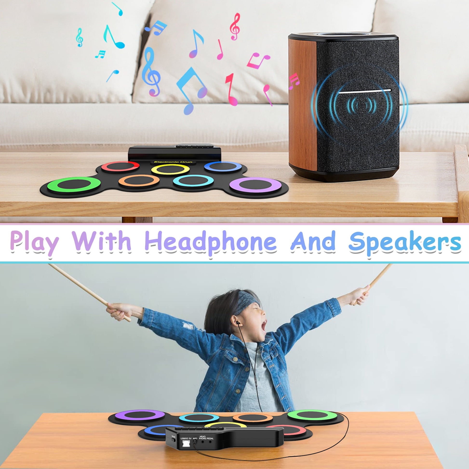 Portable Bluetooth Drum Kit – 7-Pad Roll-Up Set with Rainbow Lights, Perfect Holiday Gift