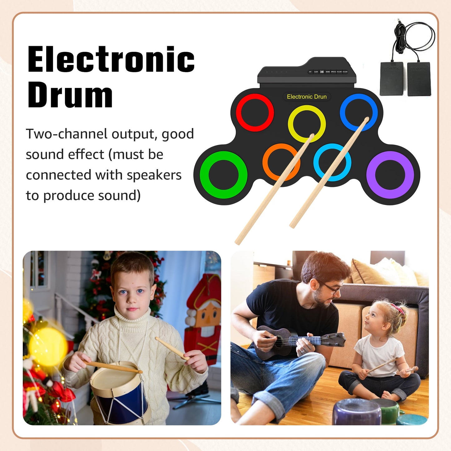 Portable Bluetooth Drum Kit – 7-Pad Roll-Up Set with Rainbow Lights, Perfect Holiday Gift