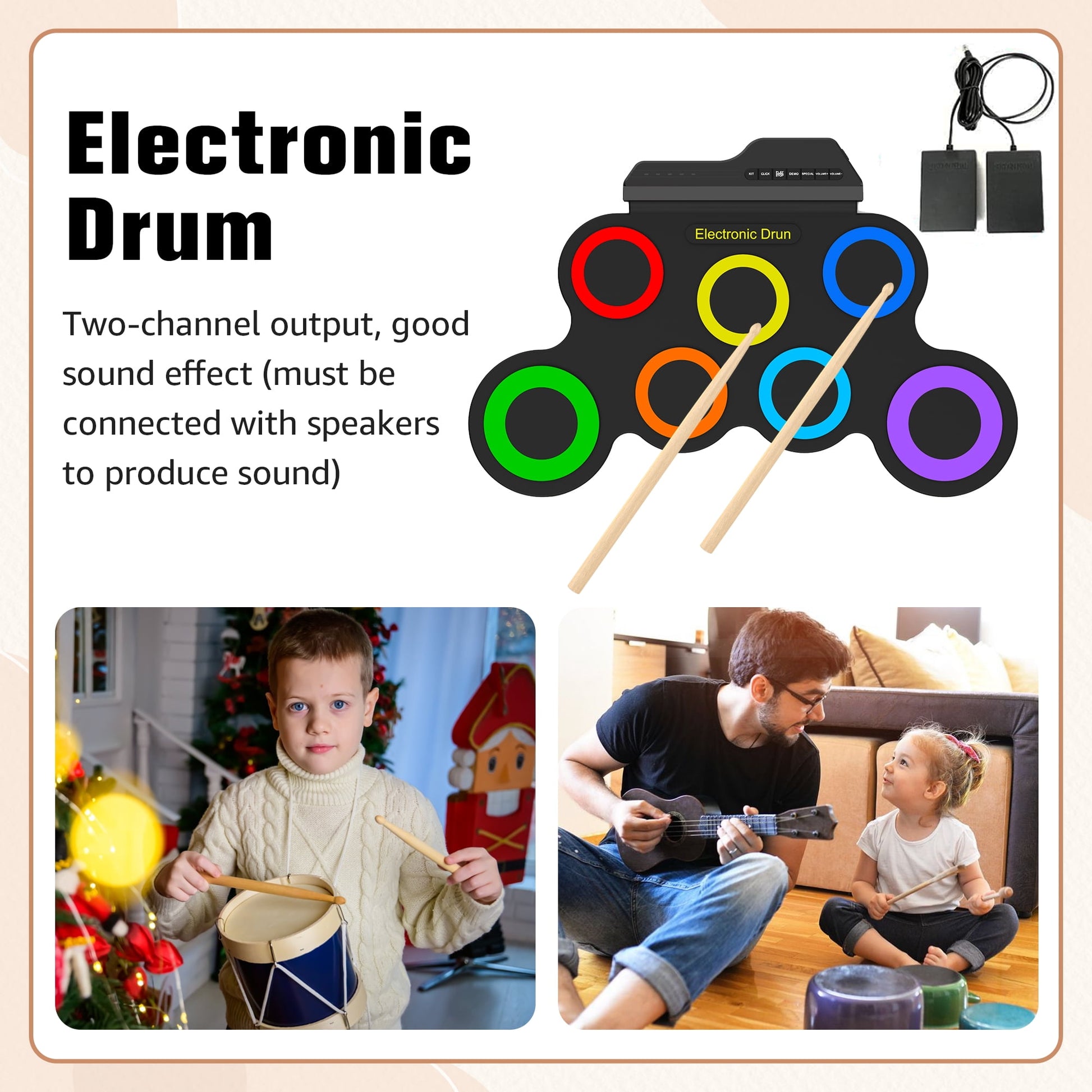 Portable Bluetooth Drum Kit – 7-Pad Roll-Up Set with Rainbow Lights, Perfect Holiday Gift