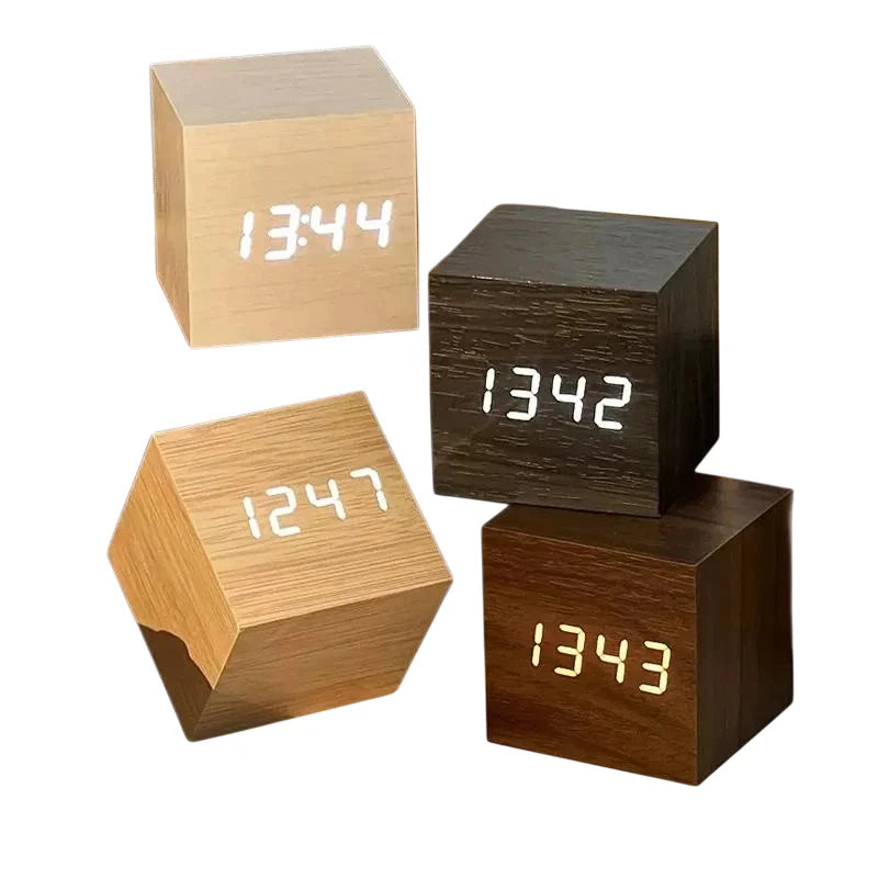 Mini Wooden LED Alarm Clock – 3 Alarm Settings, Temperature Display, Small 2.5-Inch Cubic Design