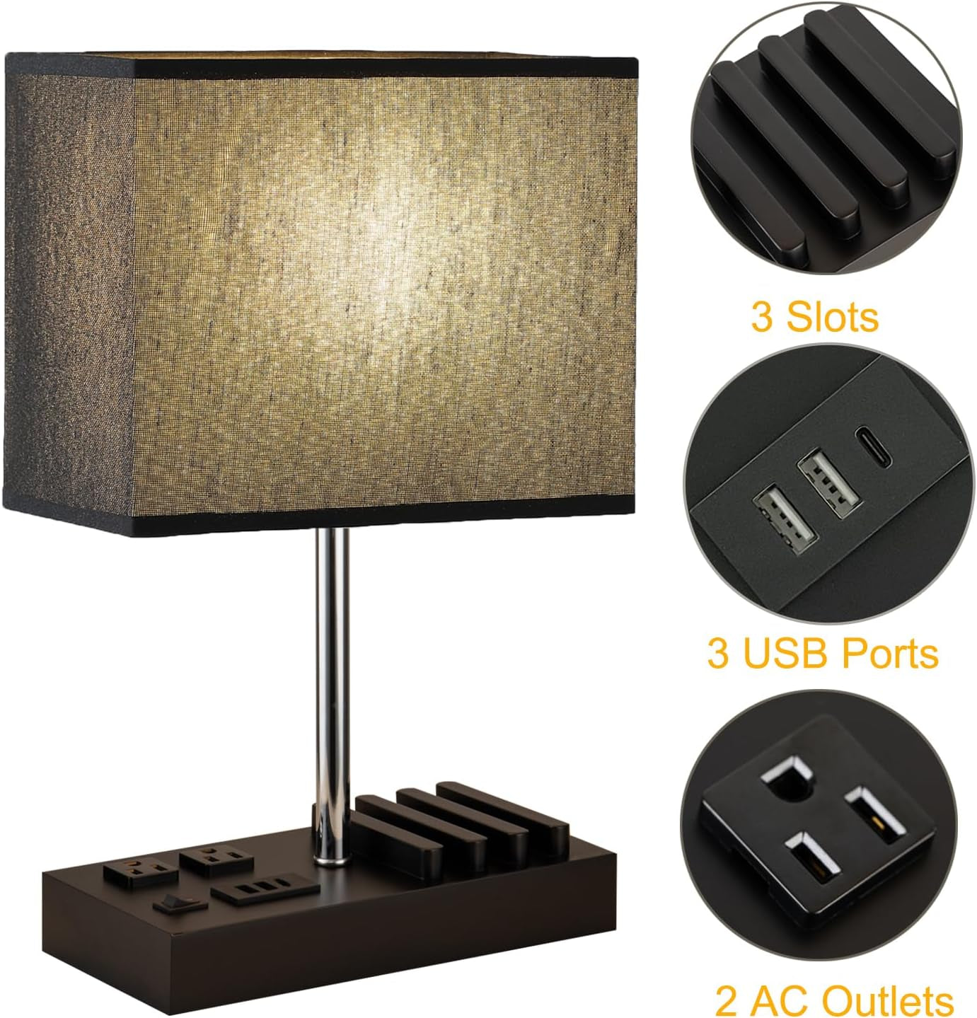 Modern Desk Lamp with USB Charging & AC Outlets – Nightstand Light with Black Shade and Wooden Phone Holder