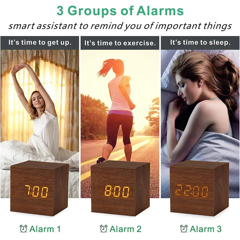 Mini Wooden LED Alarm Clock – 3 Alarm Settings, Temperature Display, Small 2.5-Inch Cubic Design