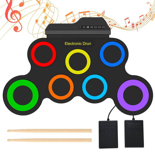 Portable Bluetooth Drum Kit – 7-Pad Roll-Up Set with Rainbow Lights, Perfect Holiday Gift