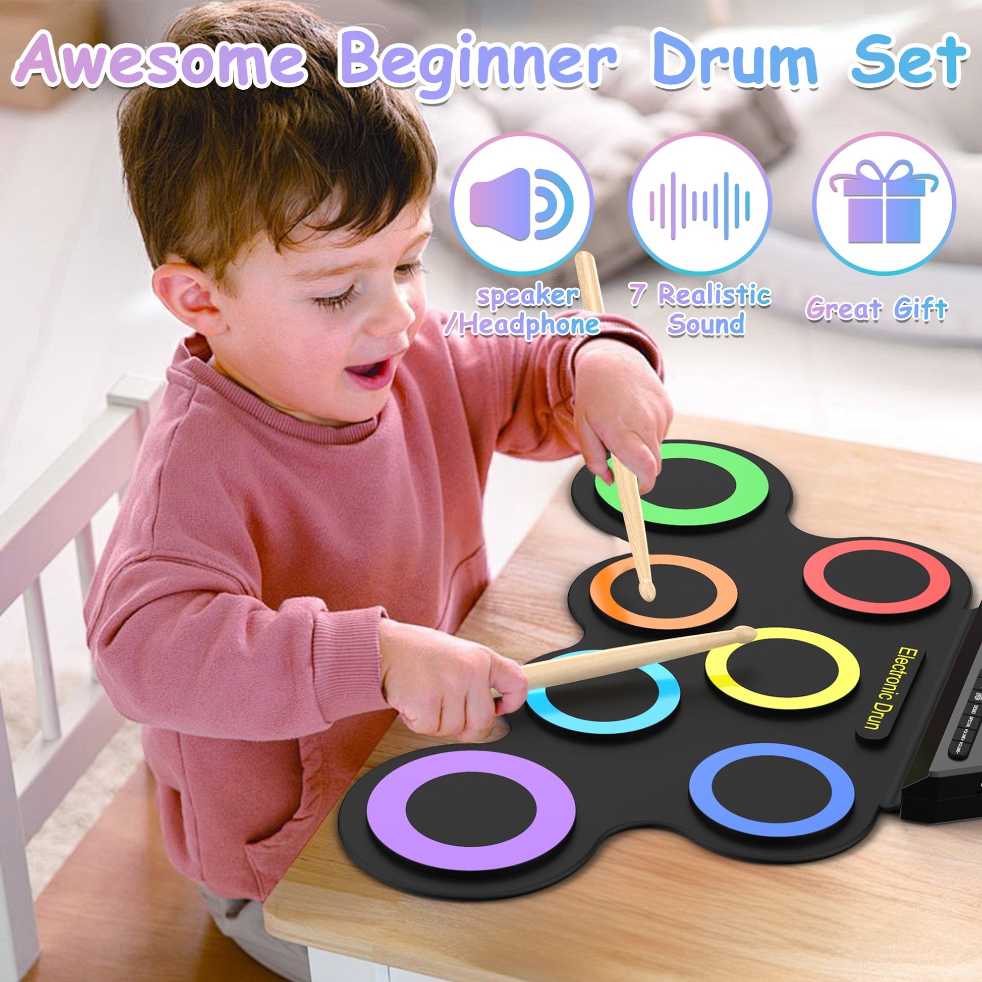 Portable Bluetooth Drum Kit – 7-Pad Roll-Up Set with Rainbow Lights, Perfect Holiday Gift