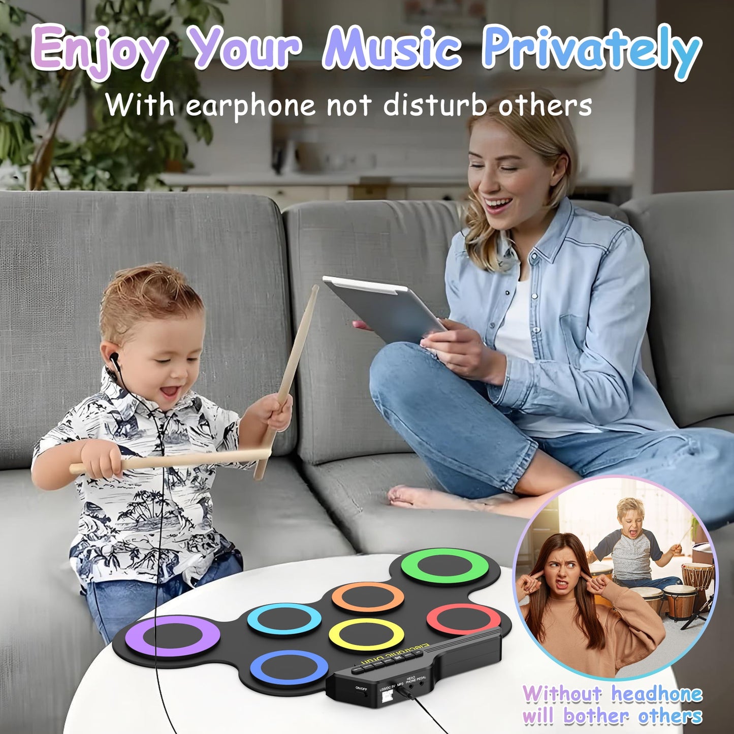 Portable Bluetooth Drum Kit – 7-Pad Roll-Up Set with Rainbow Lights, Perfect Holiday Gift