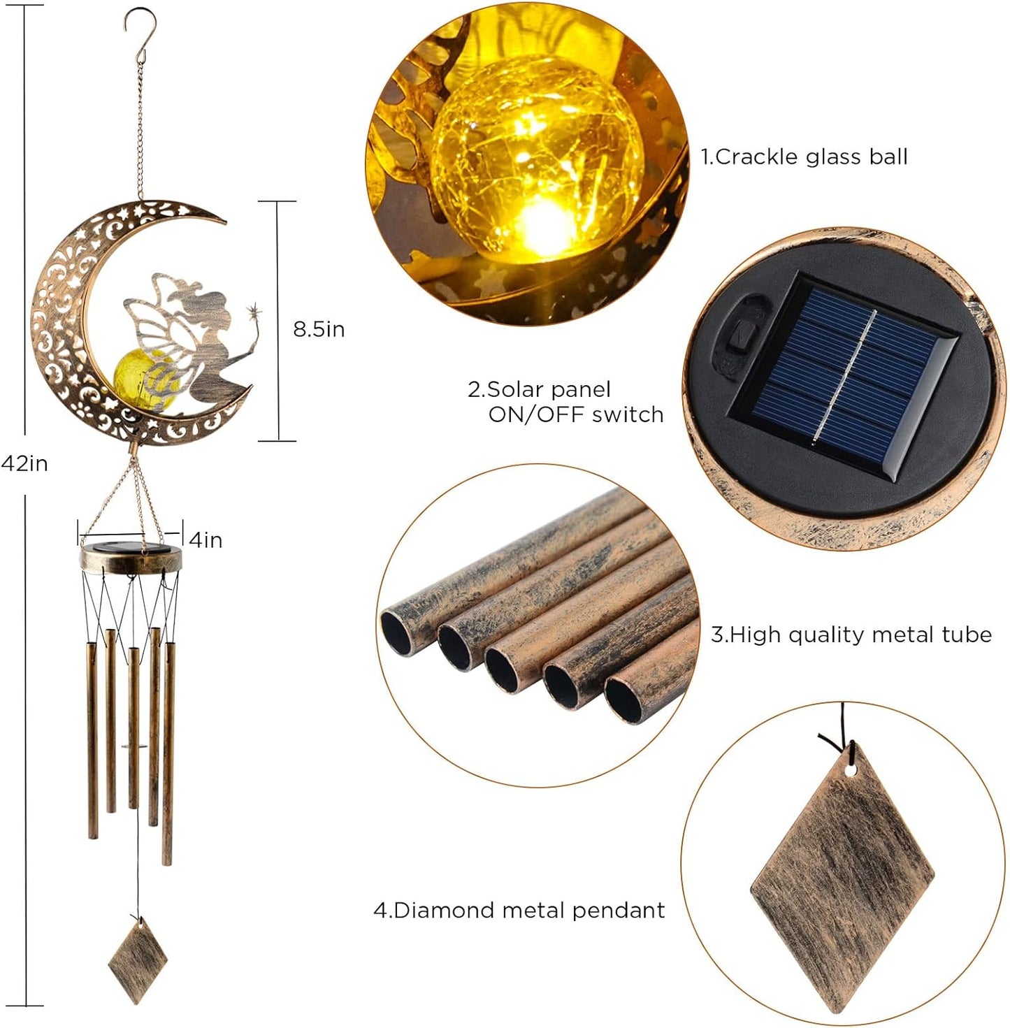 Celestial Garden Wind Chimes – Multi-Design Solar Lights with Crackle Glass Balls for Outdoor Spaces  Magical Gift for Women & Garden Lovers