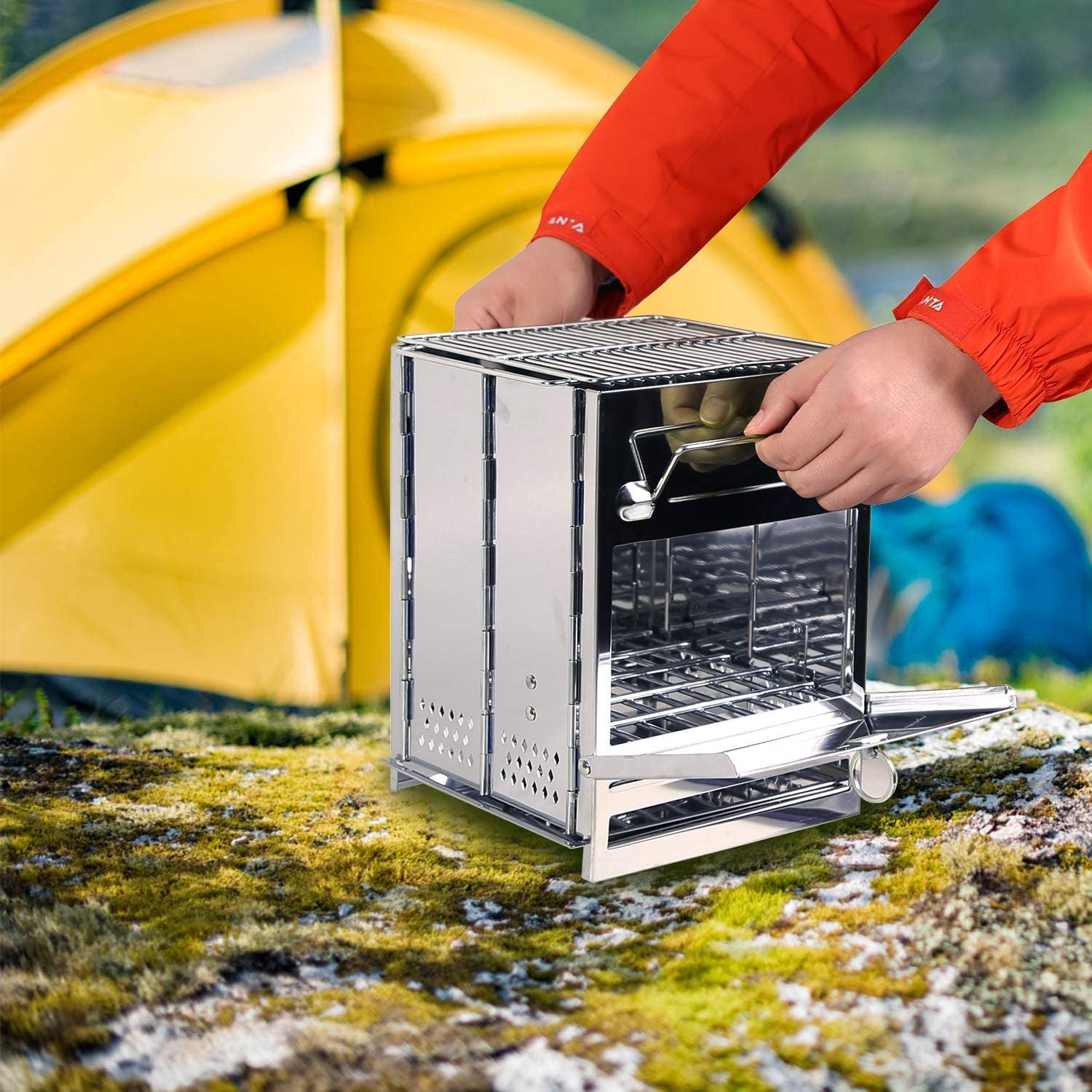 Large Folding Wood Burning Stove – Portable Stainless Steel Rocket Grill for Tent Camping, Picnic, Hiking & Survival Gear