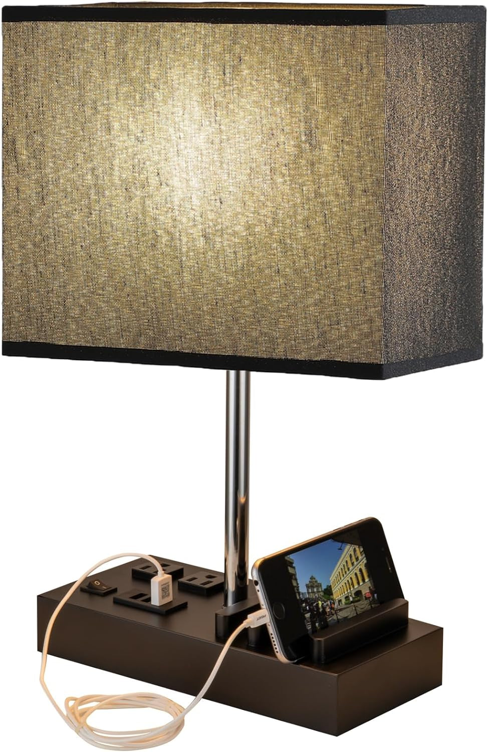 Modern Desk Lamp with USB Charging & AC Outlets – Nightstand Light with Black Shade and Wooden Phone Holder