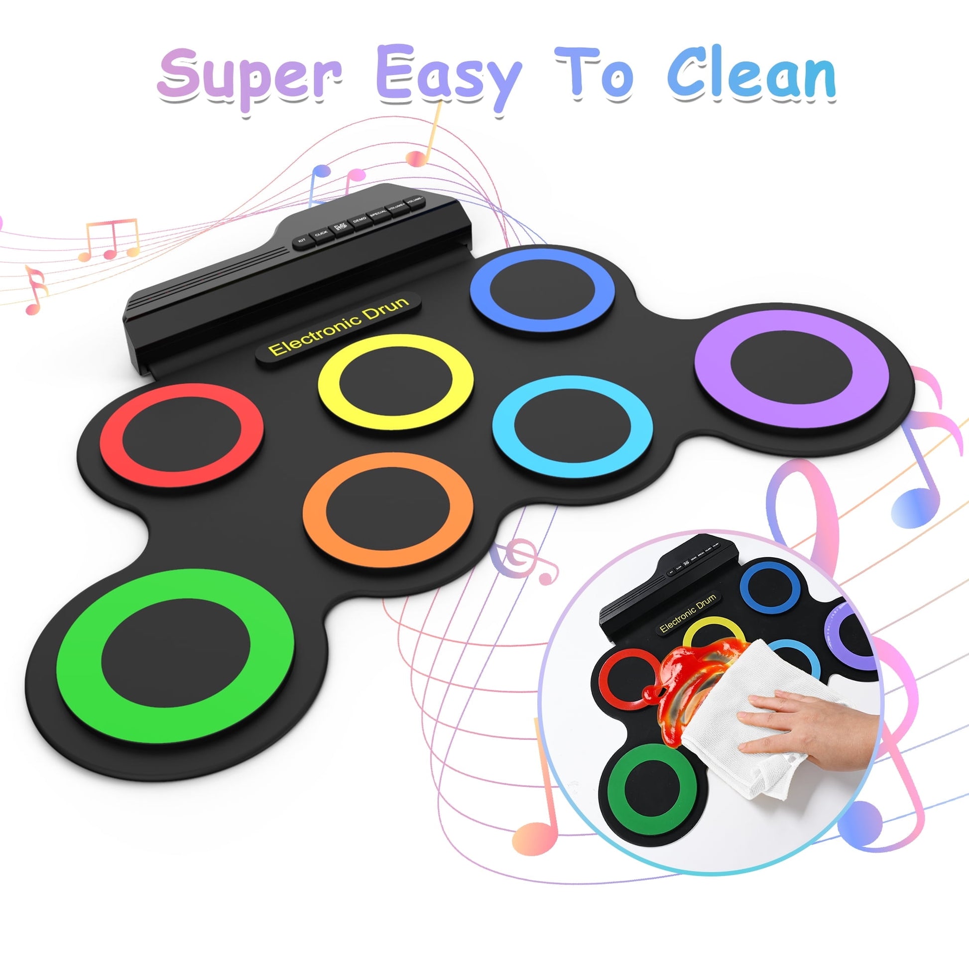 Portable Bluetooth Drum Kit – 7-Pad Roll-Up Set with Rainbow Lights, Perfect Holiday Gift