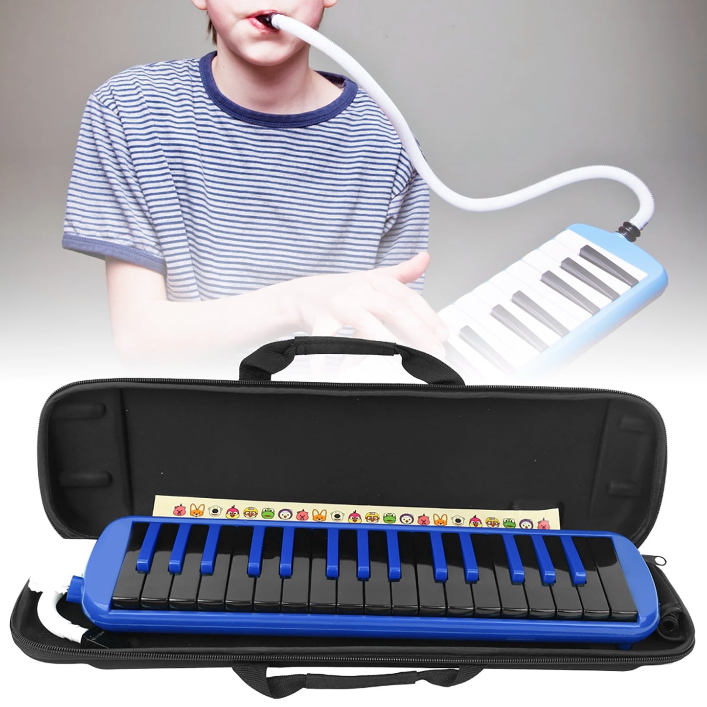 Blue 32-Key Melodica – A Fun Wind-Powered Keyboard for Budding Musicians + Portable Bag