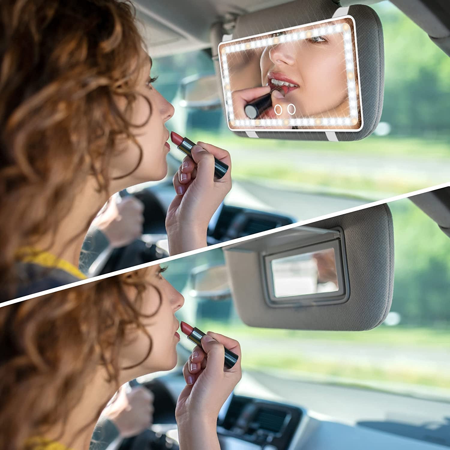  Rechargeable LED Car Vanity Mirror – Sun Visor Makeup Accessory with Touch Control & 3 Light Modes, Universal Fit for Cars & Trucks