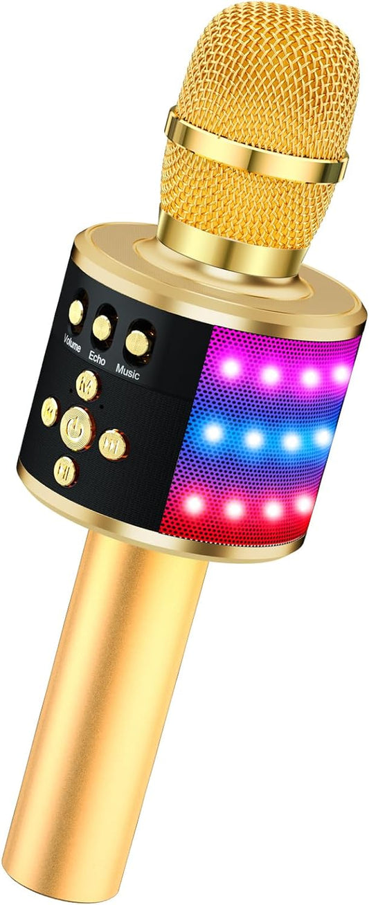 ✨ Portable Bluetooth Karaoke Microphone – Q78 Gold with Built-In Speaker, Echo Effect & LED Lights – Perfect for Parties, Gifts & On-the-Go Fun