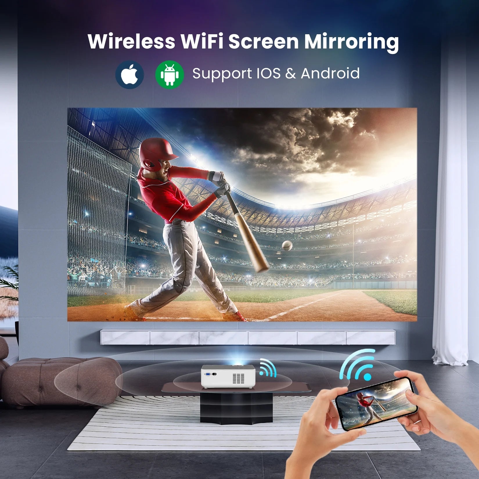 - Wireless Bluetooth Projector 1080P – Portable Full HD Video Player for Indoor & Outdoor Use with Tripod