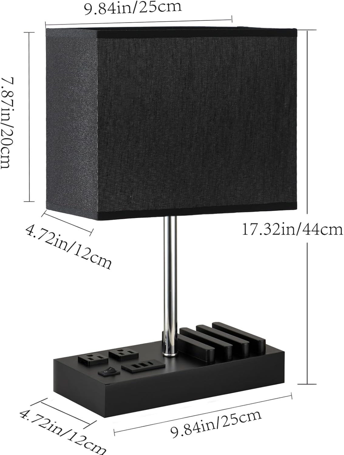 Modern Desk Lamp with USB Charging & AC Outlets – Nightstand Light with Black Shade and Wooden Phone Holder