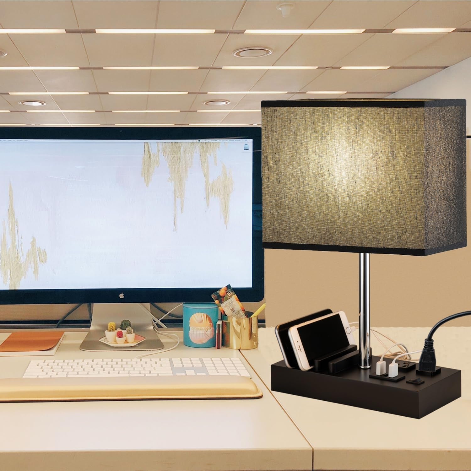 Modern Desk Lamp with USB Charging & AC Outlets – Nightstand Light with Black Shade and Wooden Phone Holder