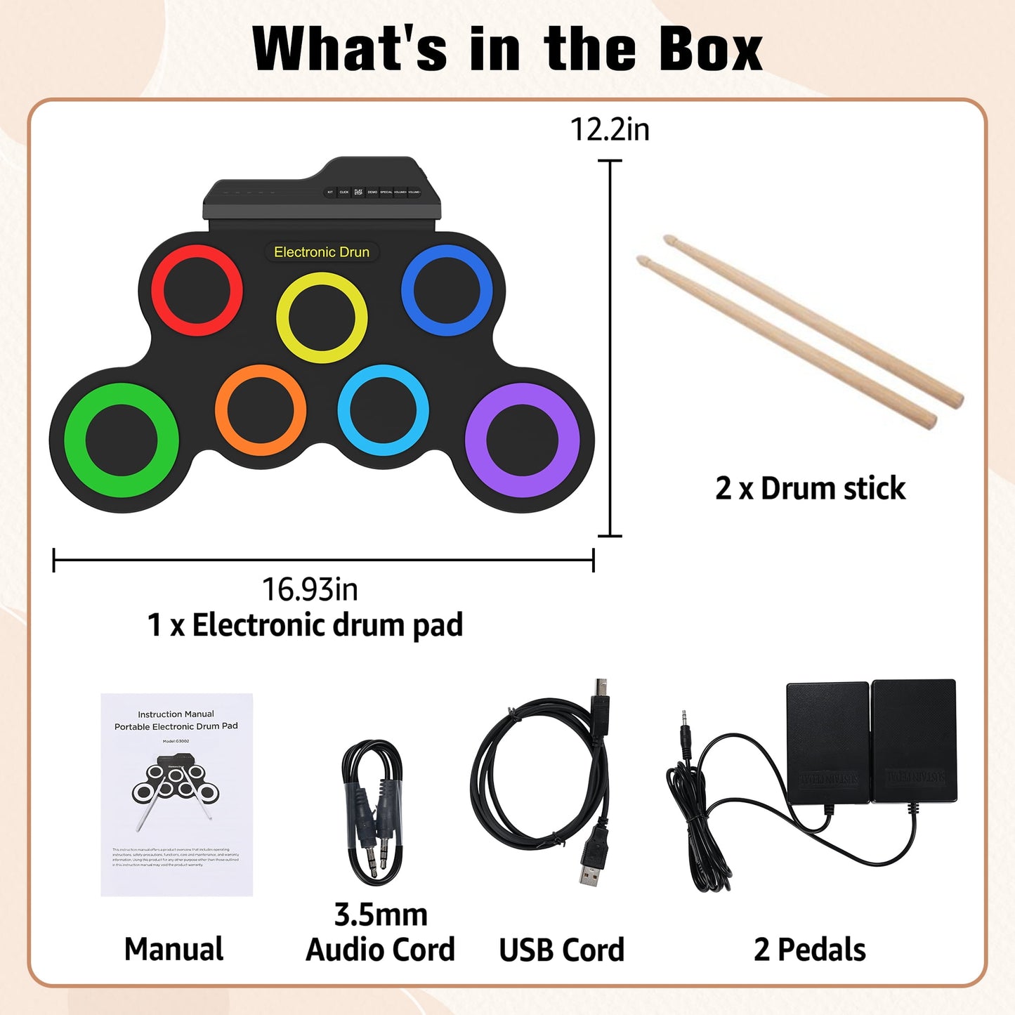Portable Bluetooth Drum Kit – 7-Pad Roll-Up Set with Rainbow Lights, Perfect Holiday Gift