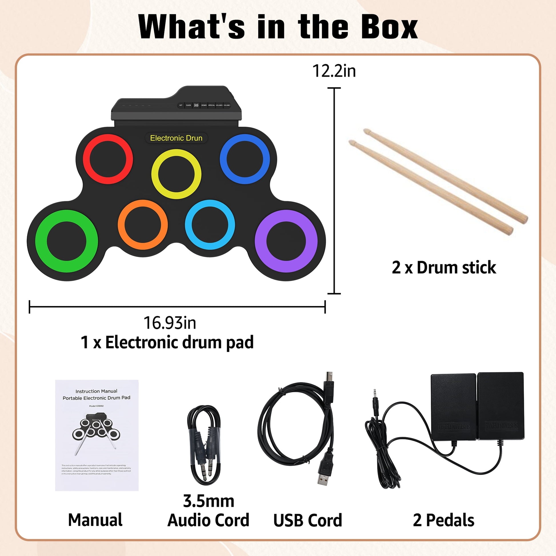Portable Bluetooth Drum Kit – 7-Pad Roll-Up Set with Rainbow Lights, Perfect Holiday Gift