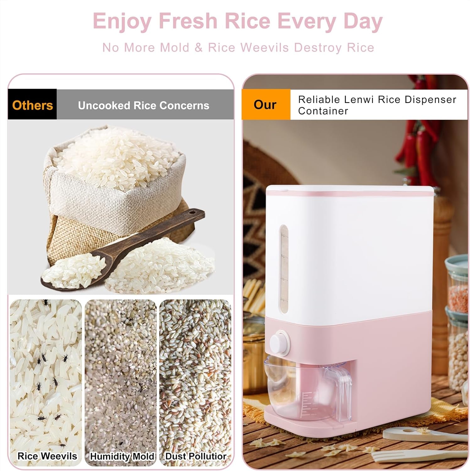 Household Grain Storage Bin – 22.5–25 lb Rice Holder with Measuring Cup, Multi-Color Options for Kitchen & Pantry Use