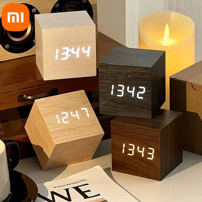 Mini Wooden LED Alarm Clock – 3 Alarm Settings, Temperature Display, Small 2.5-Inch Cubic Design