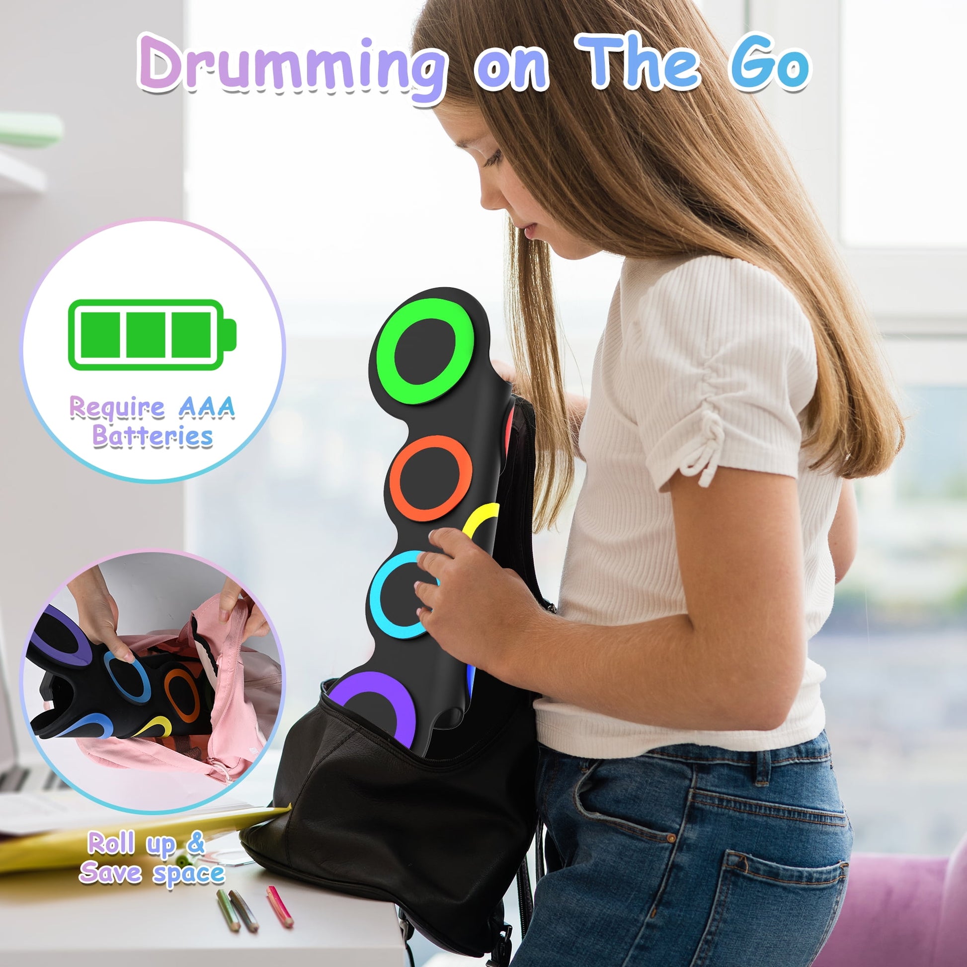 Portable Bluetooth Drum Kit – 7-Pad Roll-Up Set with Rainbow Lights, Perfect Holiday Gift