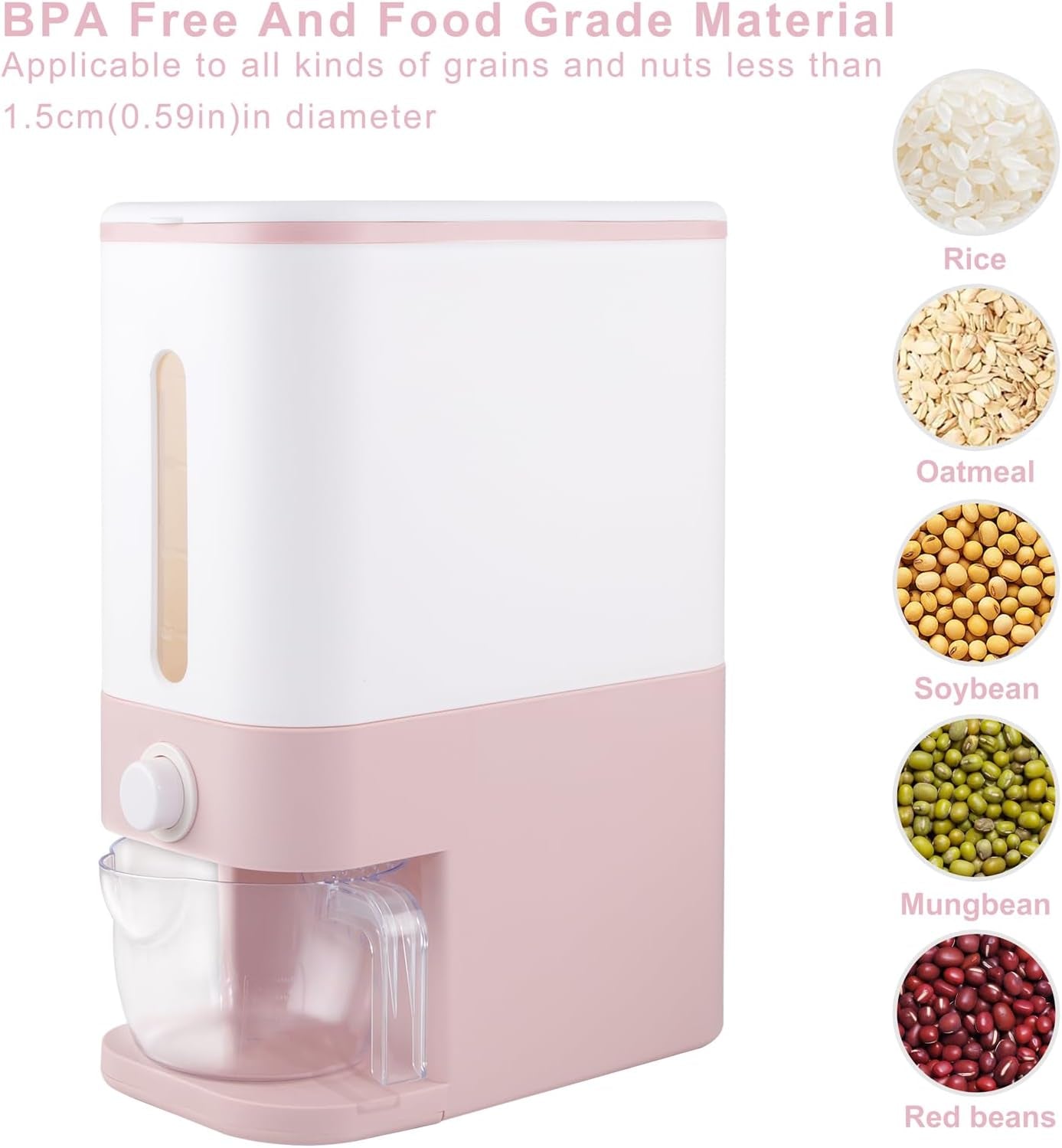 Household Grain Storage Bin – 22.5–25 lb Rice Holder with Measuring Cup, Multi-Color Options for Kitchen & Pantry Use
