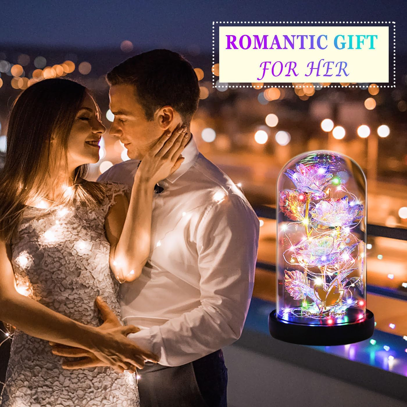 🌹 Galaxy Rose in Glass Dome – Light-Up Rainbow Flower Gift for Her, Birthday & Valentine’s Day
