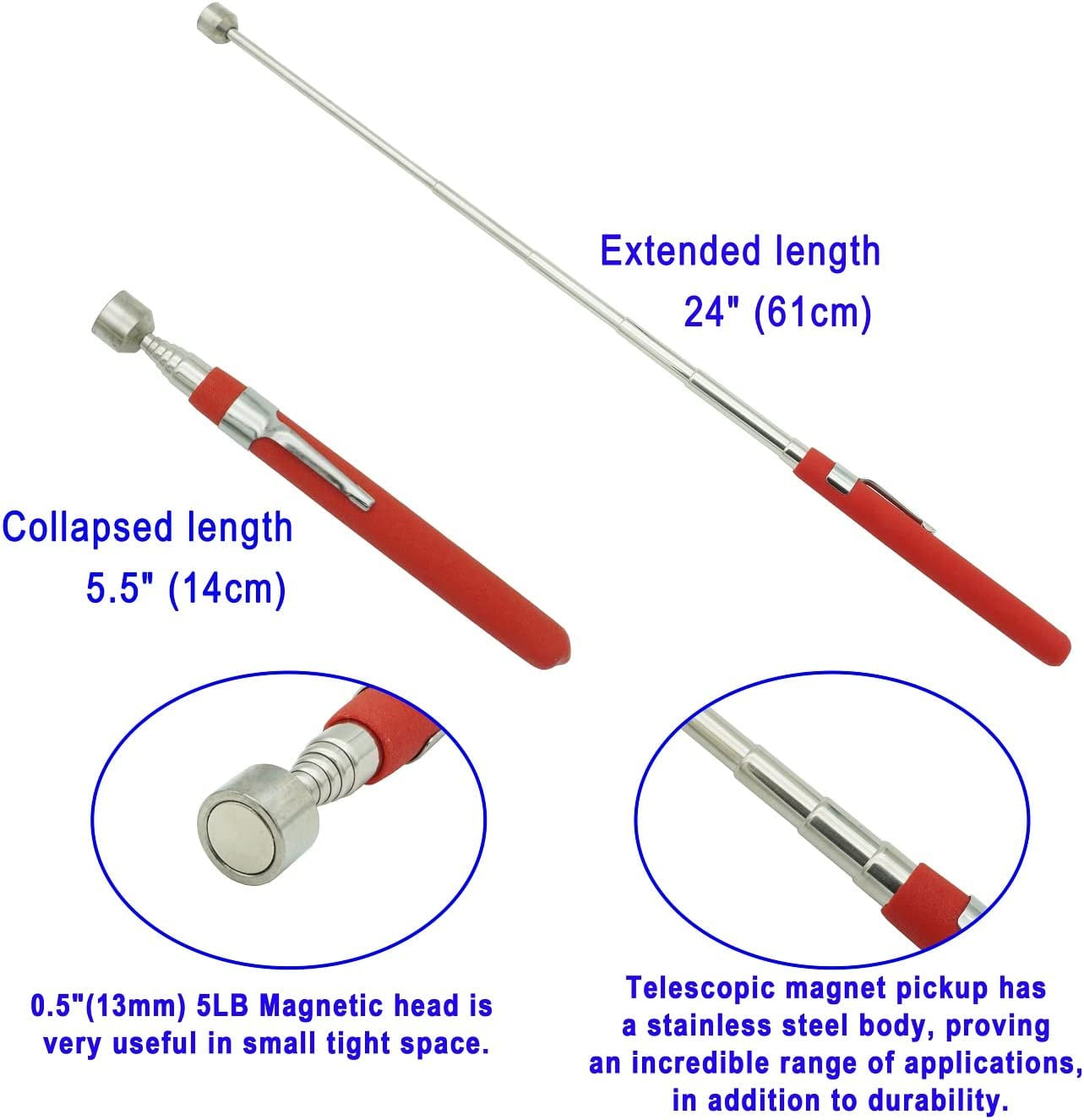 Pocket-Clip Telescopic Magnet Stick – 24" Extendable Magnetic Pickup Tool