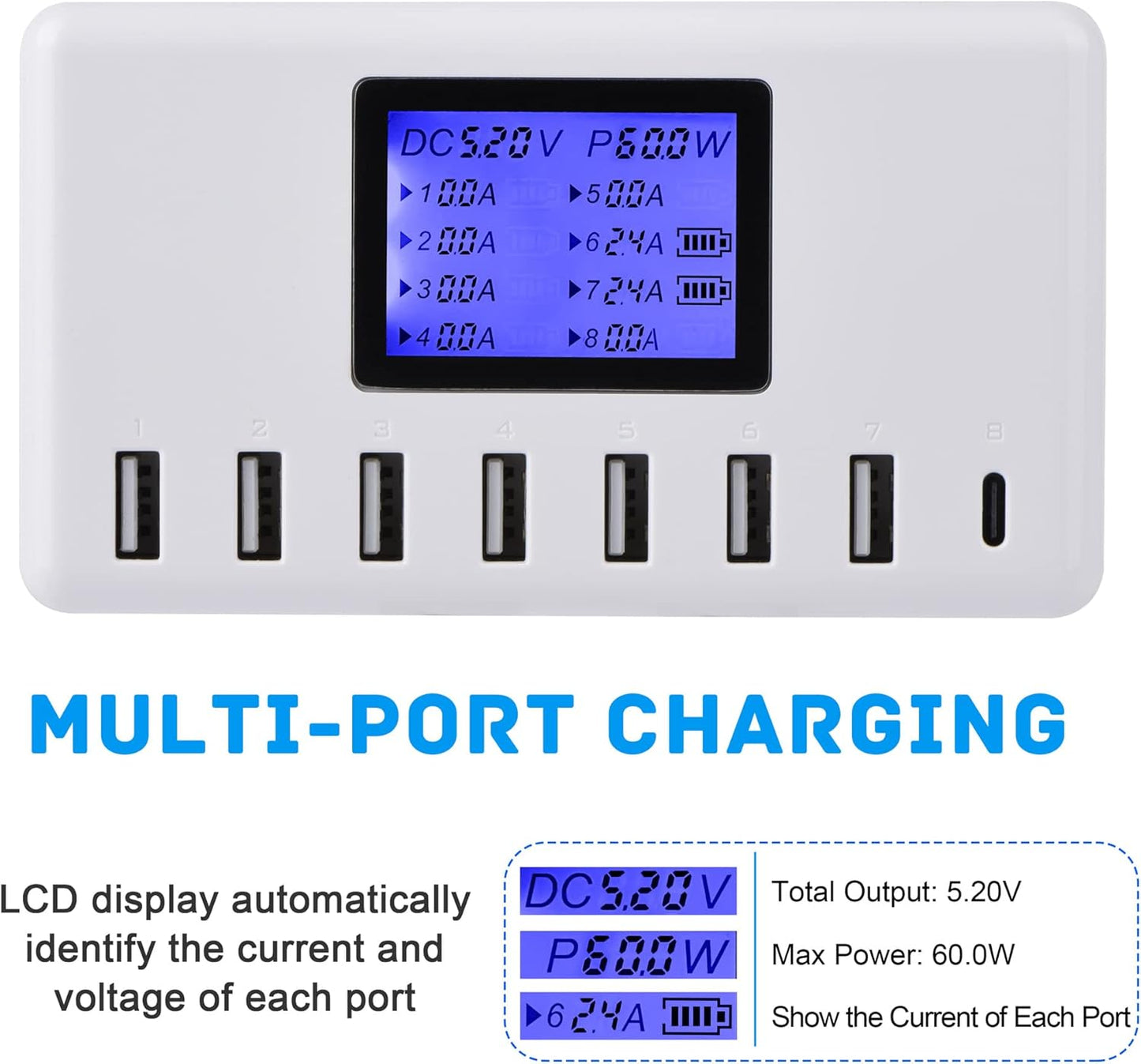 USB Charger,  60W 12A 8-Port USB Charging Station Multi Port USB Hub Charger
