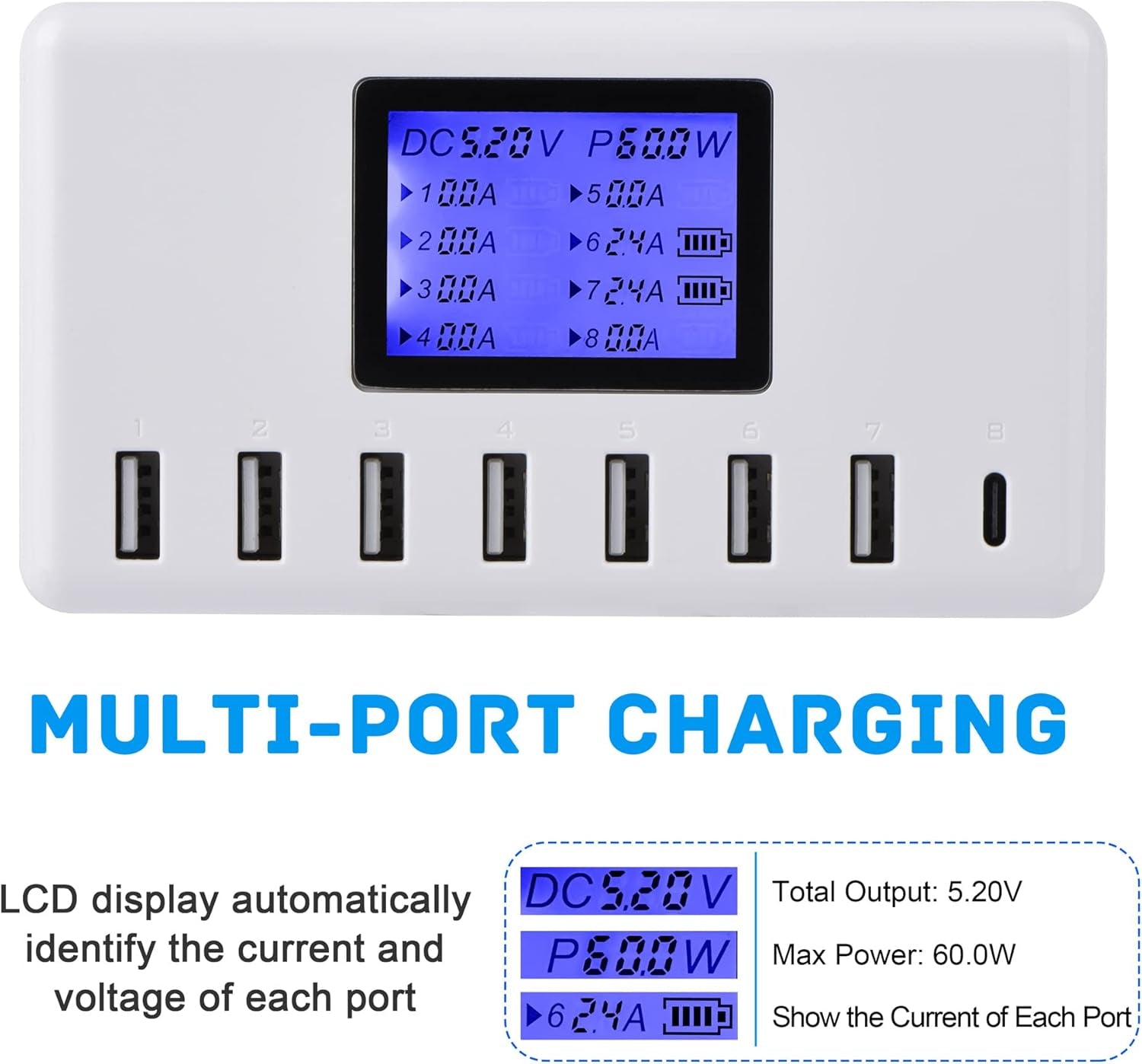 USB Charger,  60W 12A 8-Port USB Charging Station Multi Port USB Hub Charger