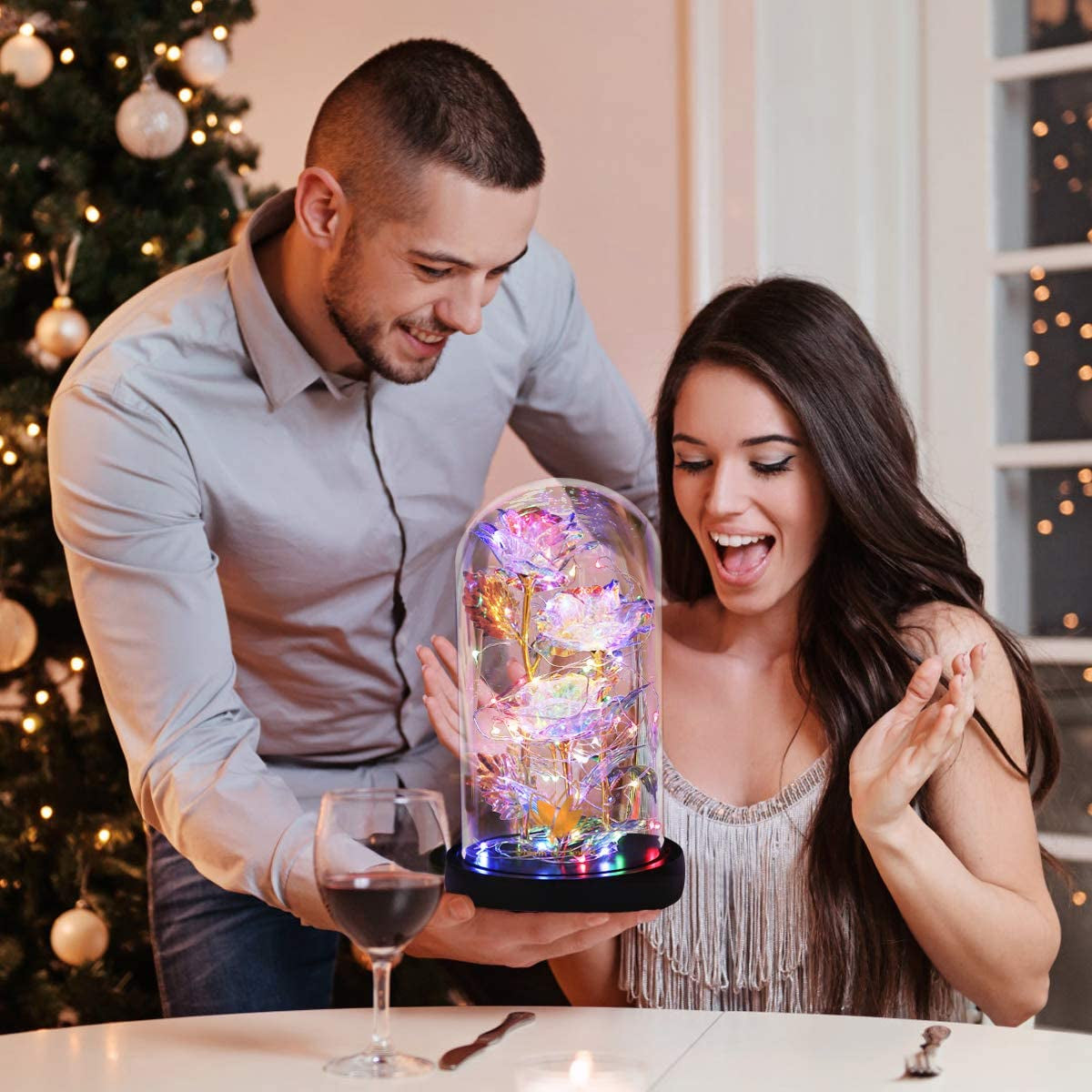 🌹 Galaxy Rose in Glass Dome – Light-Up Rainbow Flower Gift for Her, Birthday & Valentine’s Day