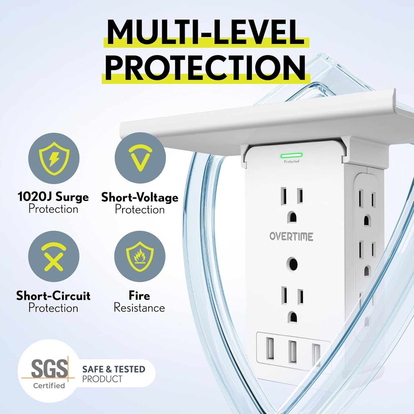 Outlet Extender with Detachable Shelf – 8 AC Ports, 3 USB, Surge Protection & Space-Saving Design