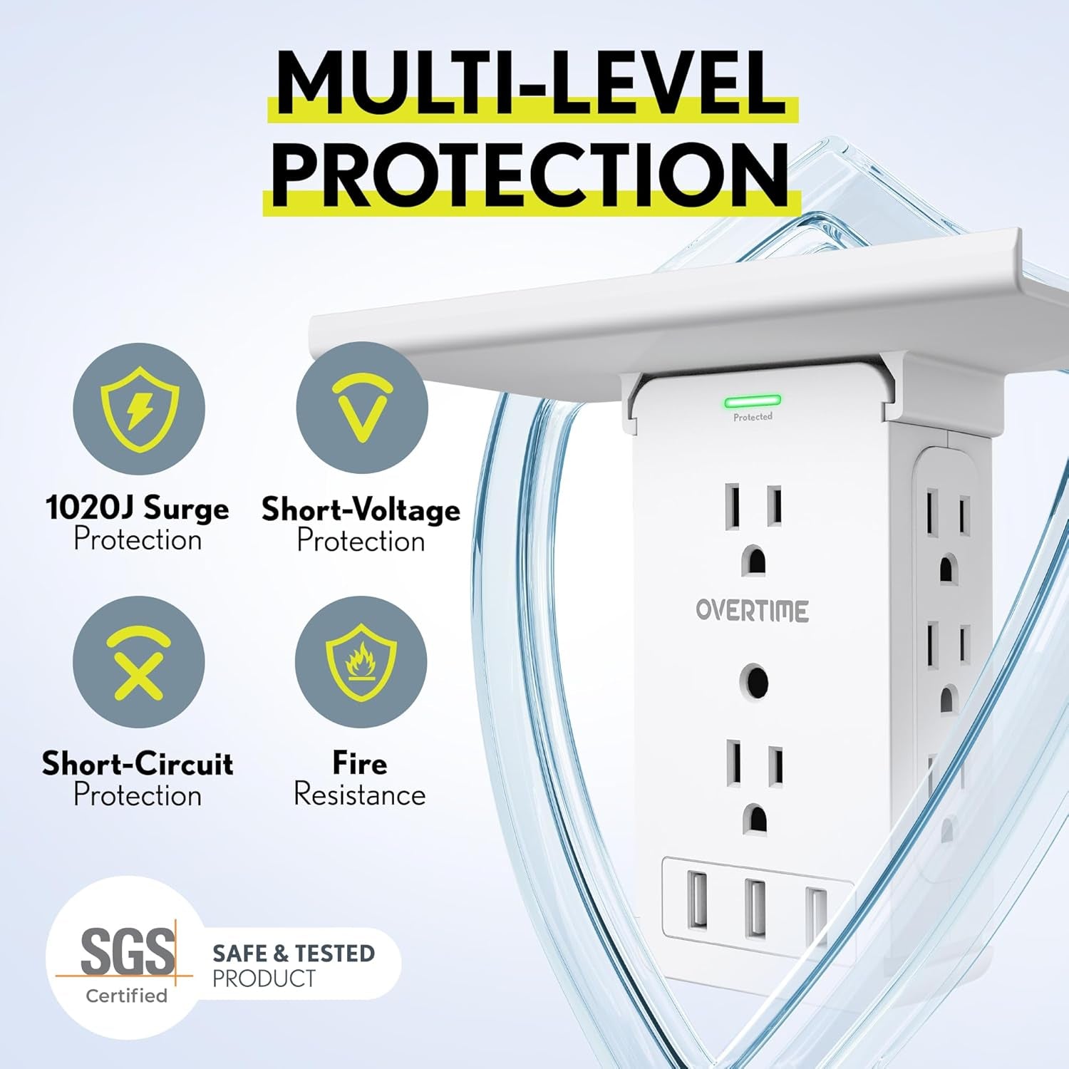 Outlet Extender with Detachable Shelf – 8 AC Ports, 3 USB, Surge Protection & Space-Saving Design