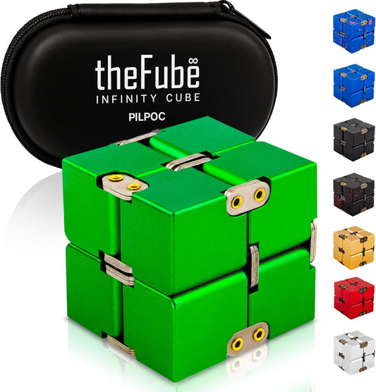 Thefube Infinity Cube Fidget Desk Toy - Aluminum Infinite Magic Cube with Case, Sturdy, Heavy, Relieve Stress and Anxiety, for ADD, ADHD, OCD (Green)
