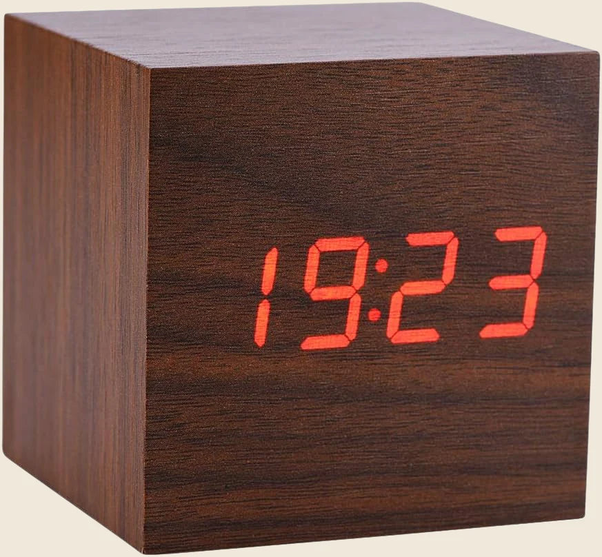 Mini Wooden LED Alarm Clock – 3 Alarm Settings, Temperature Display, Small 2.5-Inch Cubic Design