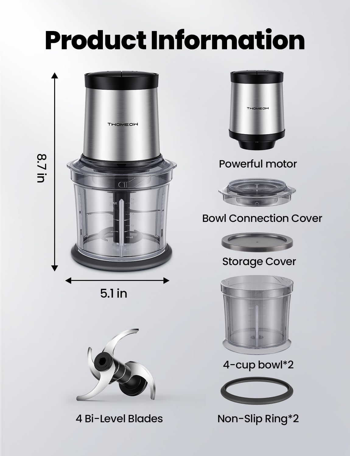 Small but Mighty Food Chopper – 4-Cup Electric Processor with Dual Bowls & Multi-Blade System for Meat, Veggies & More