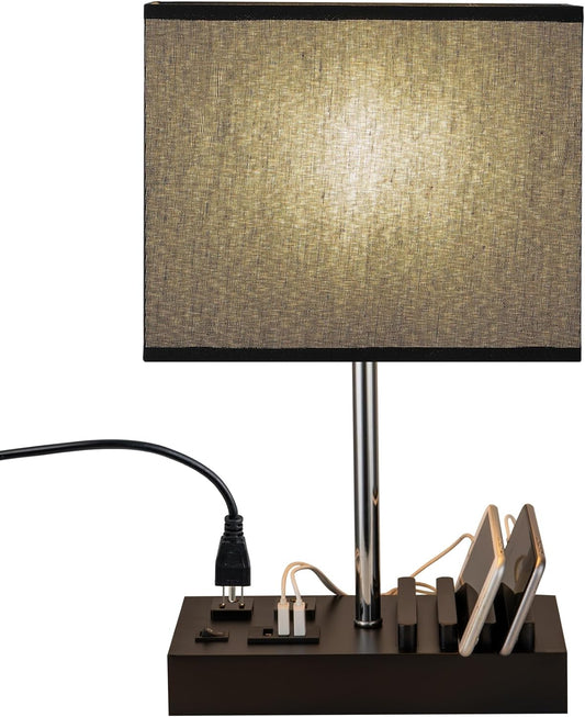 Modern Desk Lamp with USB Charging & AC Outlets – Nightstand Light with Black Shade and Wooden Phone Holder