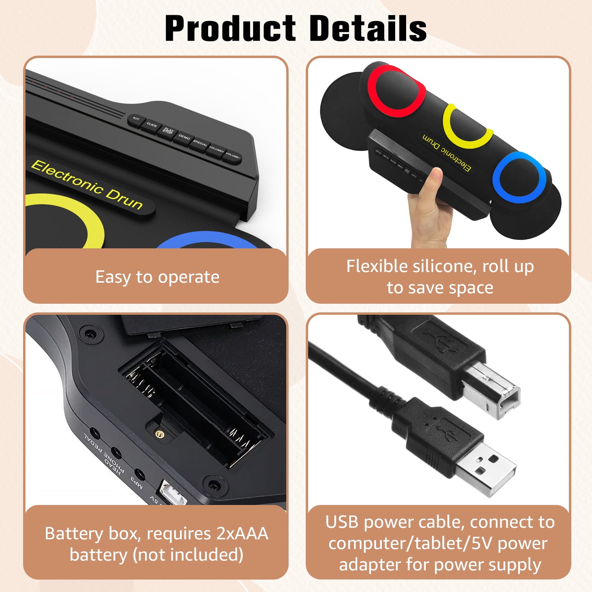 Portable Bluetooth Drum Kit – 7-Pad Roll-Up Set with Rainbow Lights, Perfect Holiday Gift