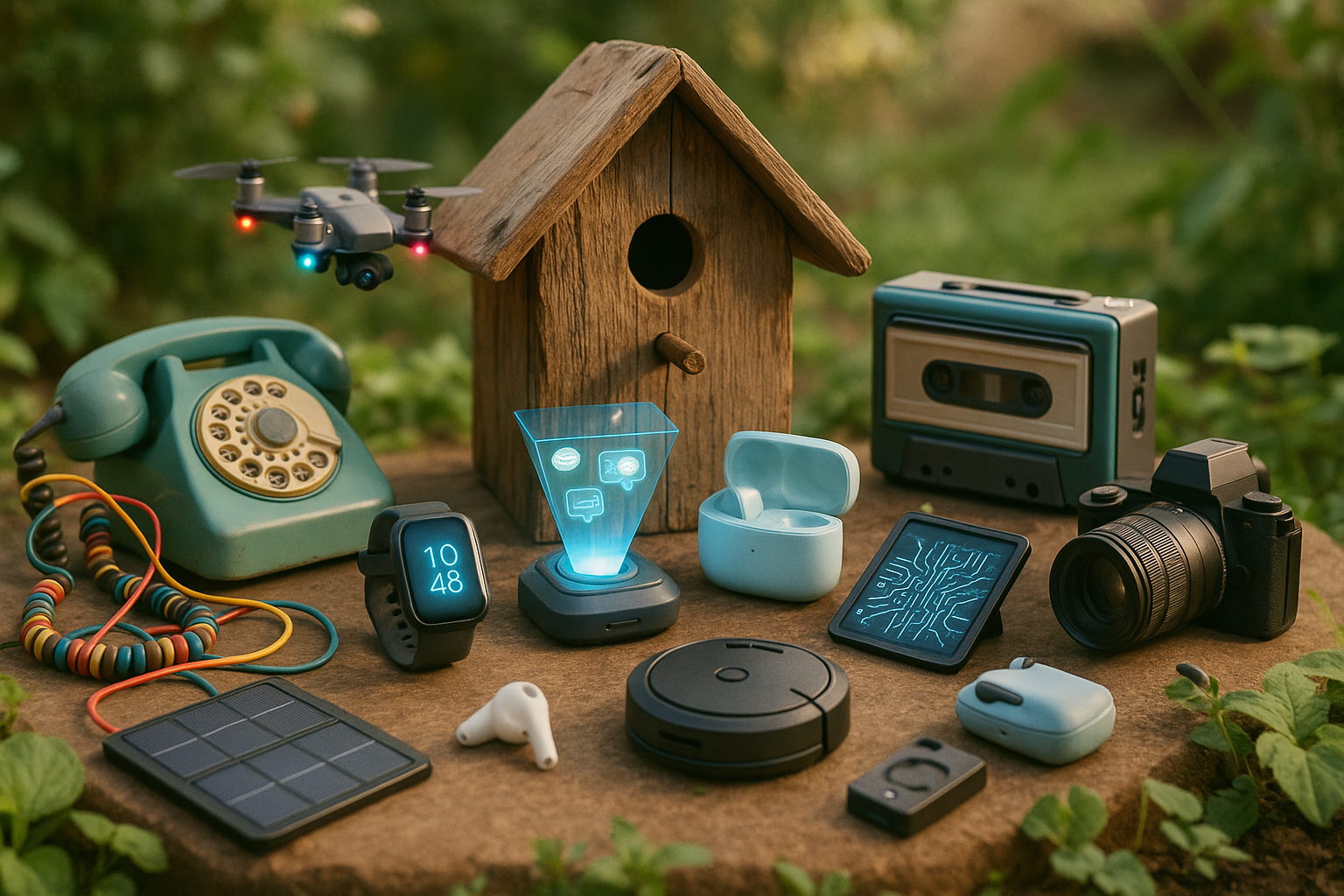 unique and random tech gadgets around a bird house